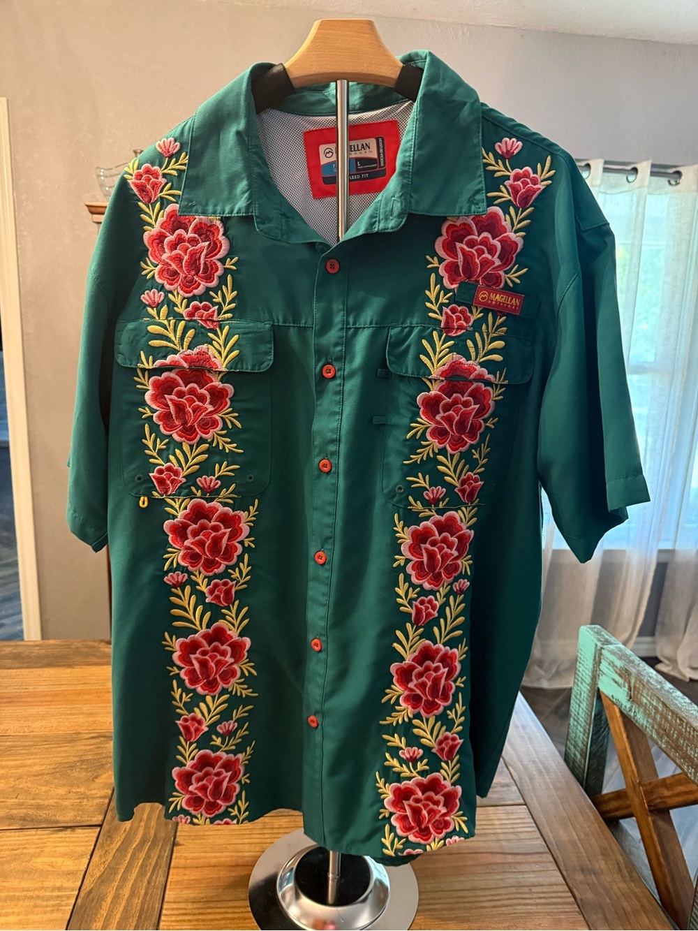 Magellan Outdoors Teal Green Short-Sleeve Embroidered Floral Shirt